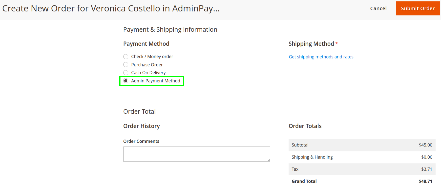 Create New Order from Admin