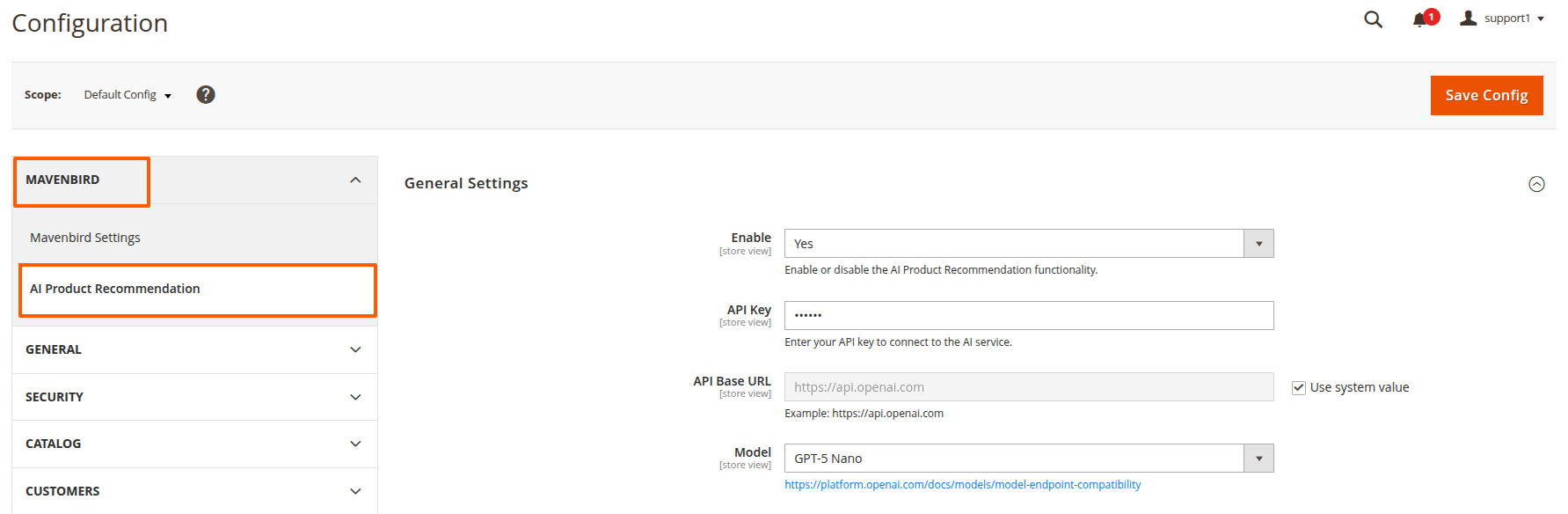 AI Product Recommendation Configuration Fields