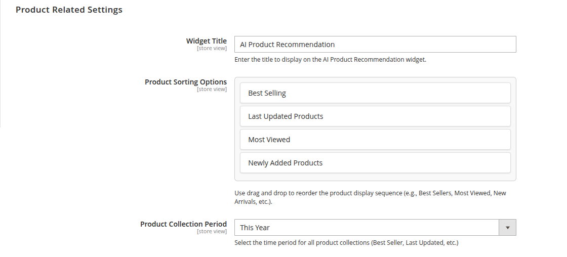 AI Product Recommendation Configuration Fields