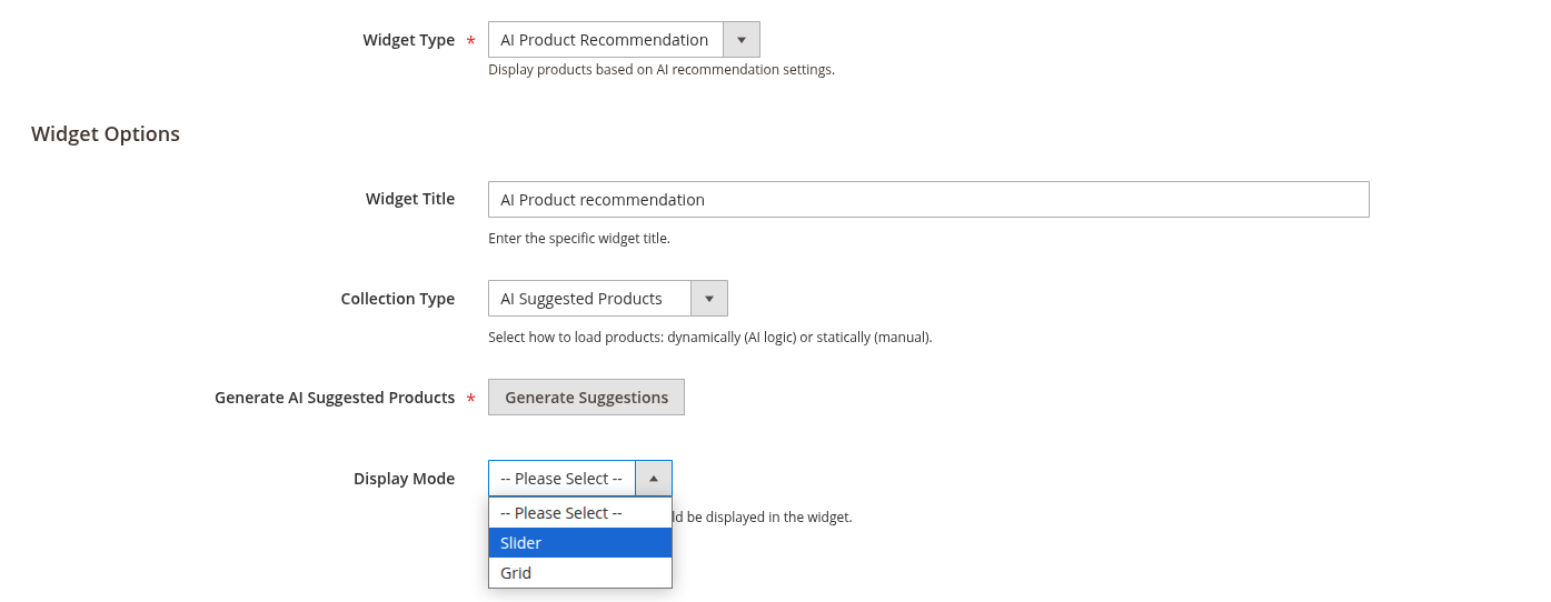 AI Product Recommendation Configuration Fields