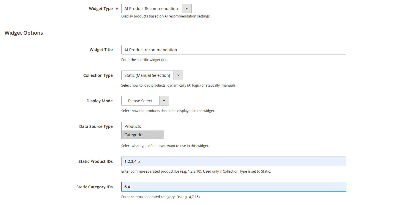 AI Product Recommendation Configuration Fields