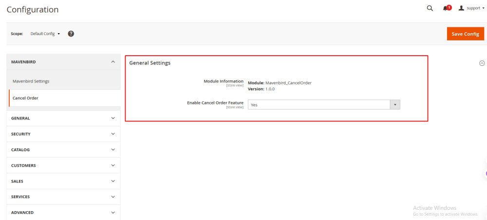 Frontend Cancel Order Configuration