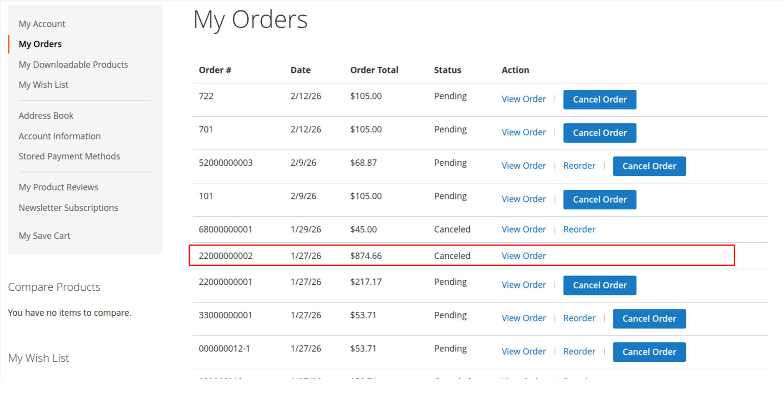 Frontend Cancel Order Popup