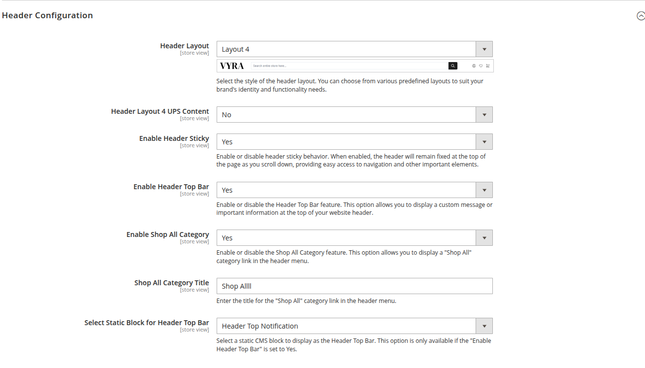 Header Layout Configuration