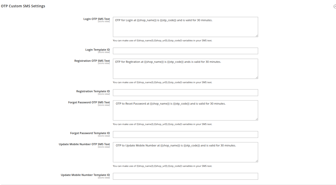 OTP Custom SMS Settings Screenshot