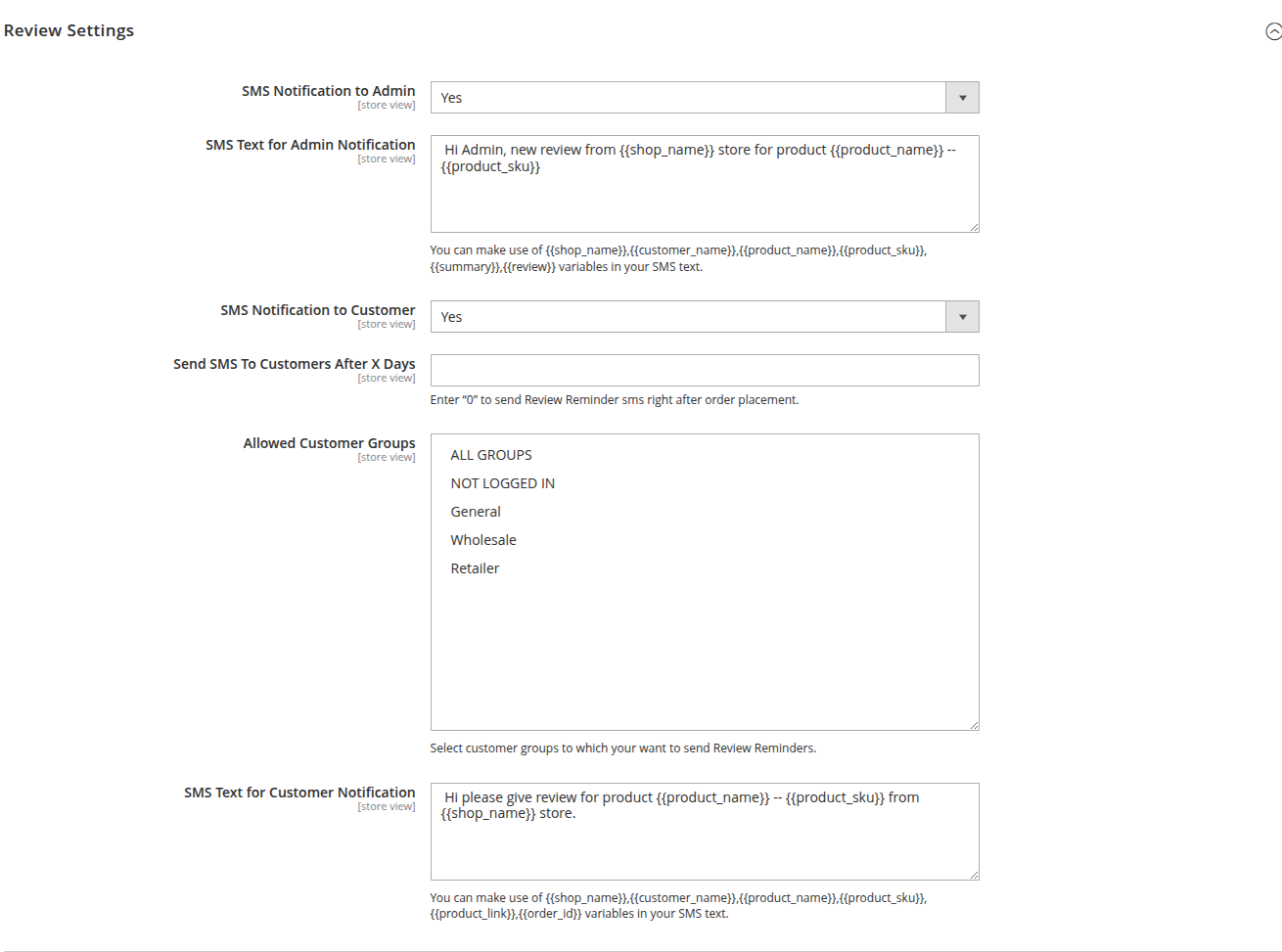 SMS Notification Configuration