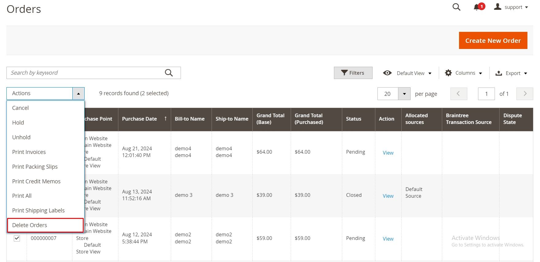 Magento Delete Order Grid