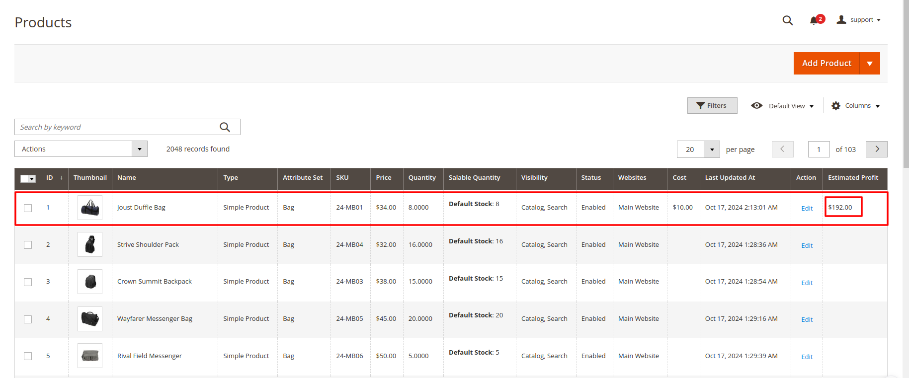 Magento 2 Estimated Profit Dashboard Example