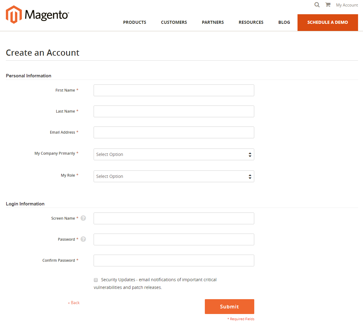 Enter information for the Magento Connect account