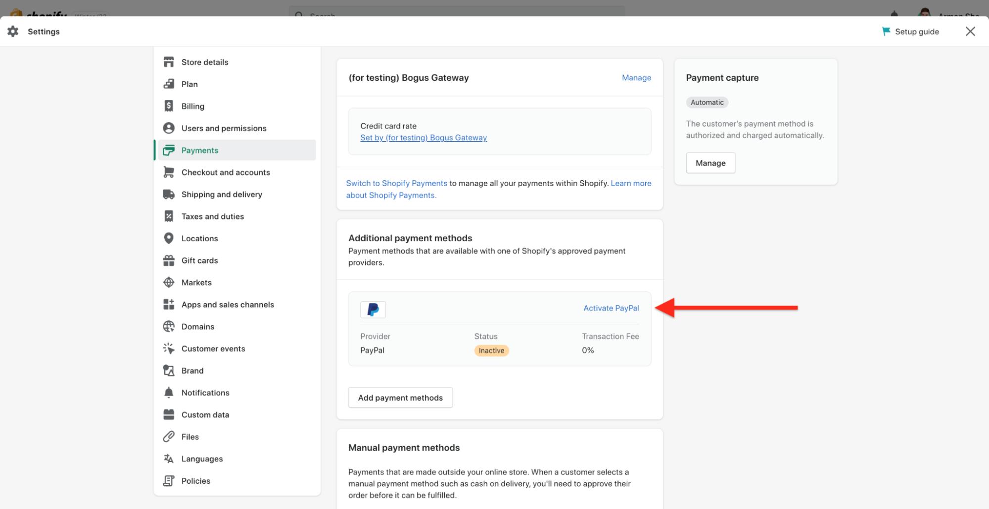 Shopify Payments Paypal
