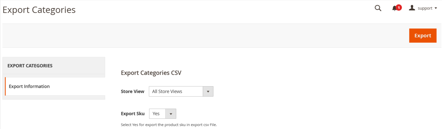 export all categories page