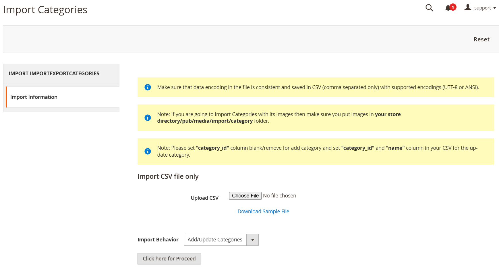 import categories to csv file page